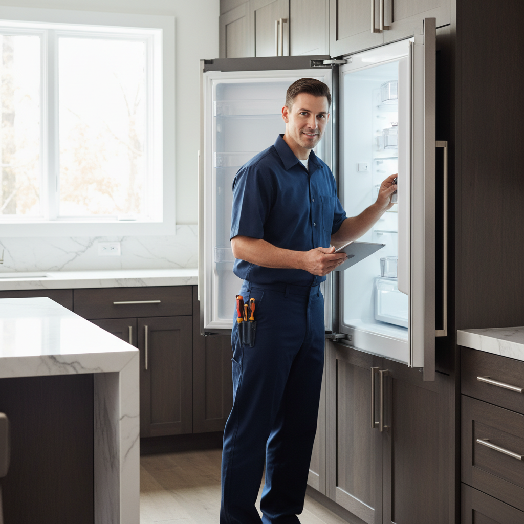 Professional technician inspecting a built-in refrigerator